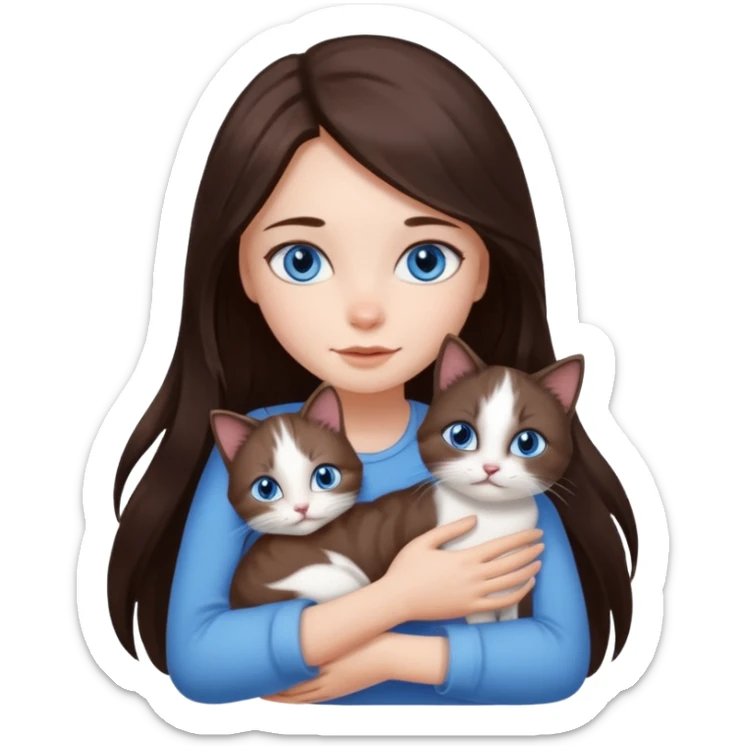 a pretty girl with long dark 
brown hair, with blue eyes, hugs 3 different natural coloured small cats sticker