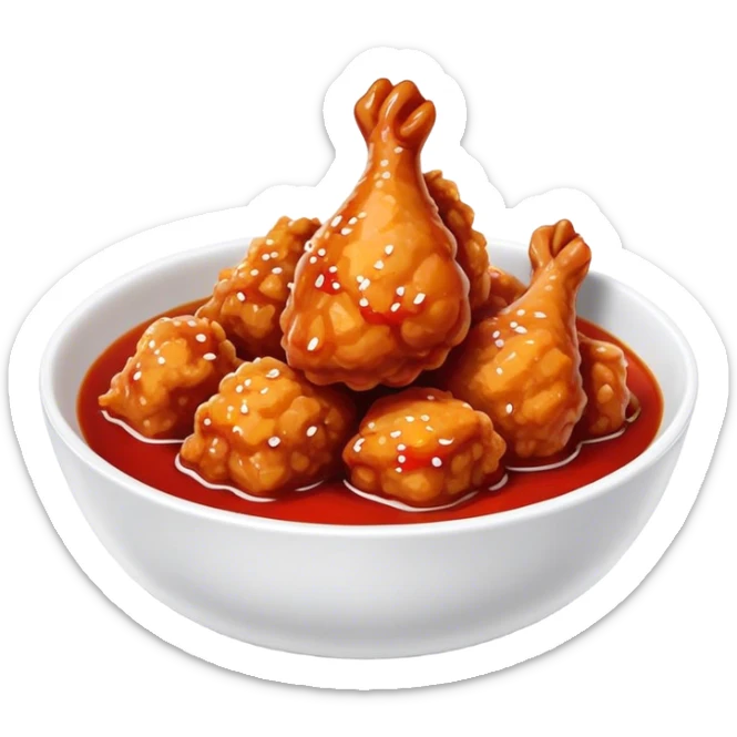 Korean Fried Chicken Cinematic Realistic Korean Fried Chicken Dish Emoji, depicted as bite-sized chicken chunks generously coated in a glossy, spicy sauce, in a bowl. sticker