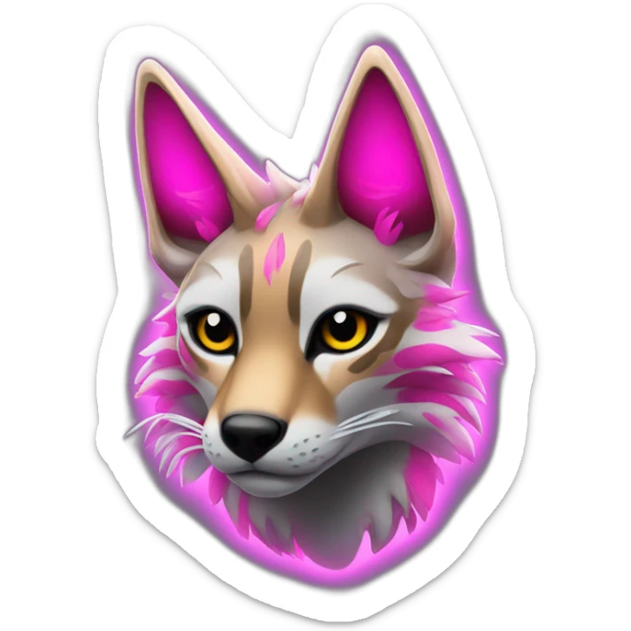 Coyote ocelot with grey and black fur and phoenix wings and pink ears, neon lights sticker