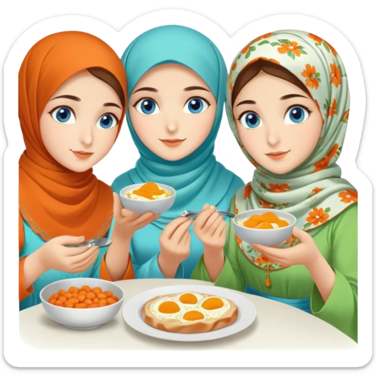 Four sister Turkish girls beautiful finish Konya blue eyes with orange floral hijab and light green dress and make turkish Breakfast sticker