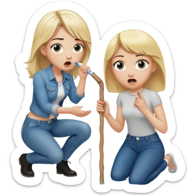 blond woman sitting on her knees with wide eyes, another man in jeans stands on her left, she's holding a wide skin-colored stick with a D-shaped knob, the stick and the nob have skin texture, water squirting from the knob into her mouth, shocked face sticker