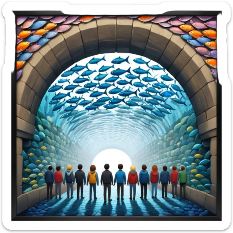 des gens qui sont dans un tunnele et les parois c'est des poissons  sticker
