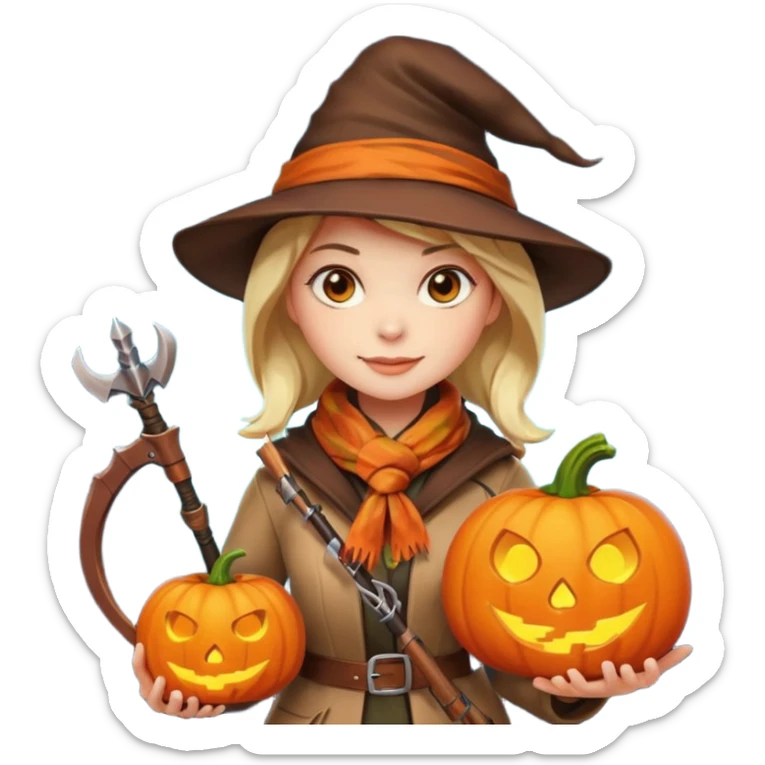 female human monster hunter emoji, wearing brown coat and hat, holding crossbow, soft smile, scarf, glowing pumpkin by her side, Halloween fantasy style, clean vector Apple emoji look, bright colors, white background, square sticker