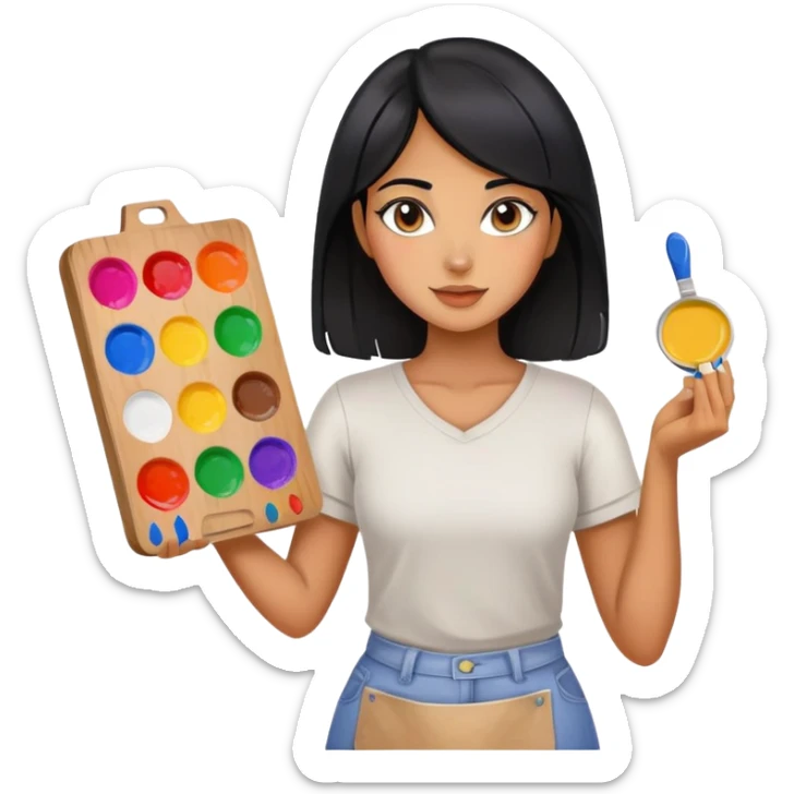 painting, artist, black hair tanned woman, paint pallet colors sticker