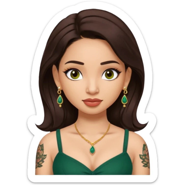 pretty bratz genmoji that looks like tamannah bhatia (bollywood actress), wearing a dark green sweetheart neckline top, dark brown hair, light makeup, no necklace, dangly earrings, side hair part, dark brown eyes, with tattoos sticker