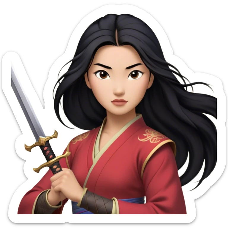 Cinematic Realistic Mulan Portrait, depicted with lifelike skin texture, soft natural lighting, and intricately detailed long black hair styled elegantly. Her deep, expressive eyes exude determination and grace, complemented by a serene yet confident expression. She stands with one hand resting on the hilt of her sword, the other by her side, exuding strength and poise. She is dressed in her classic attire, with rich fabric textures and delicate folds that catch the light beautifully. The portrait features a soft, enchanting glow with a natural, radiant finish, capturing the essence of timeless strength and beauty in a realistic and painterly style, evoking a sense of depth and authenticity. sticker