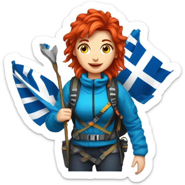 Female winter mountain climber red hair climbing with Greek and EU flags and Easter eggs basket sticker