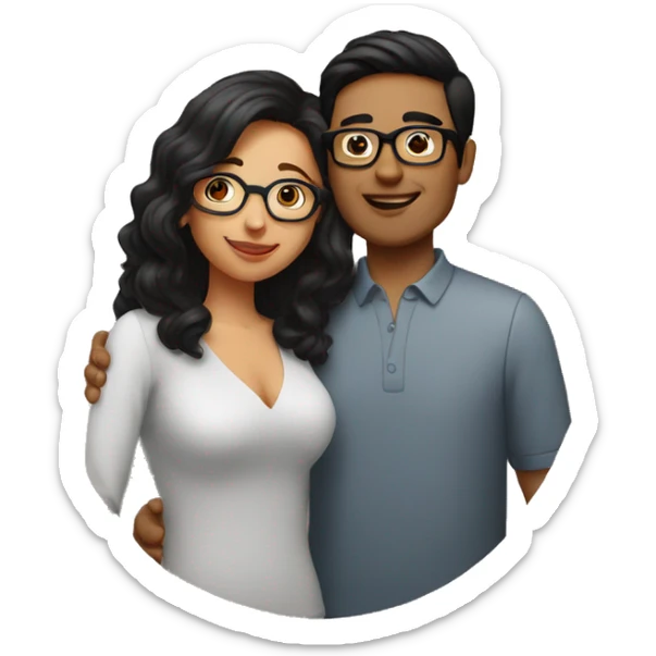 Woman (red hair and glasses) kissing man (black hair and glasses sticker