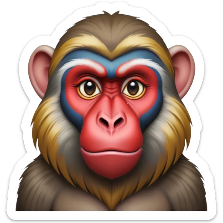 Cinematic Noble Mandrill baboon Portrait Emoji, Poised and regal, with a striking, powerful build and a vivid, deep-set soulful eyes, Simplified yet sharp and sophisticated features, highly detailed, glowing with a vibrant, dignified glow, high shine, intelligent and commanding, stylized with an air of exotic majesty, focused and attentive, soft glowing outline, capturing the essence of a watchful and confident primate, so majestic it feels as though it could step out of the screen with effortless authority! sticker