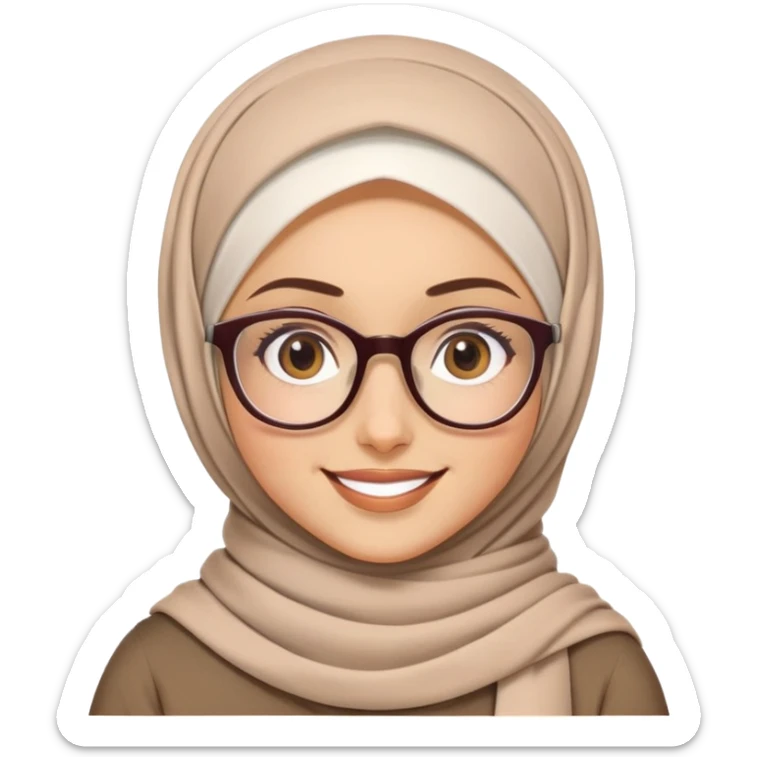 "Create a female character wearing a hijab and glasses. The emoji should have a friendly and expressive face, with a soft smile. The hijab should be neatly wrapped, and the glasses should be stylish yet simple. Use a vibrant yet natural color palette for a warm and approachable look." sticker