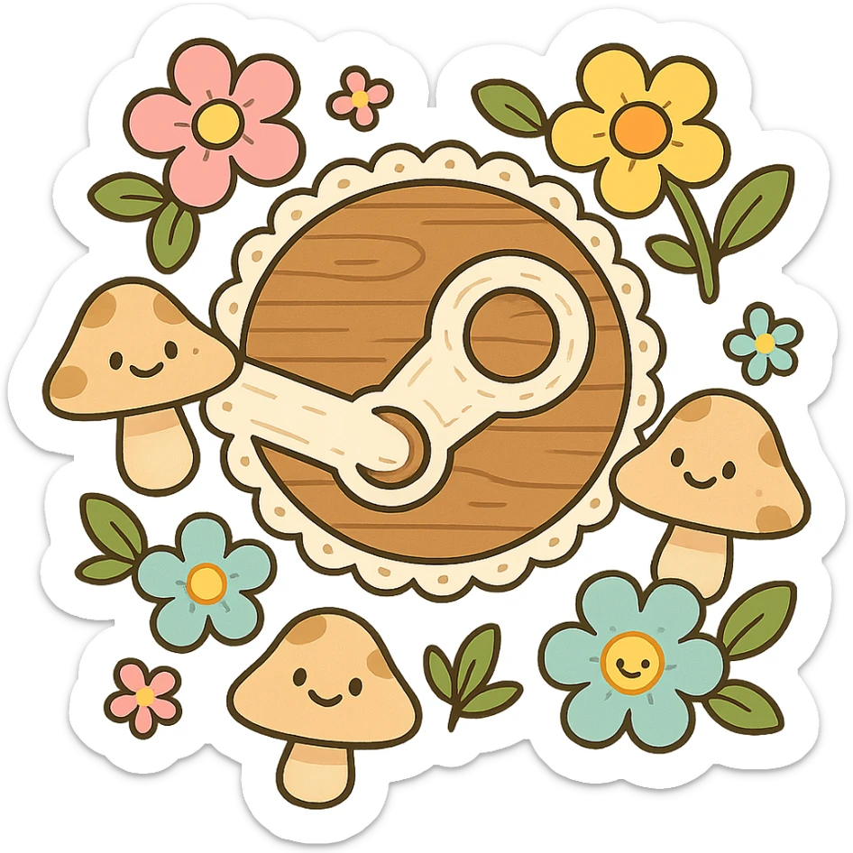 cartoon cottagecore Steam logo made of soft rounded wood, big bubbly lace, pastel flowers, smiling mushrooms, bright playful cozy, no text sticker