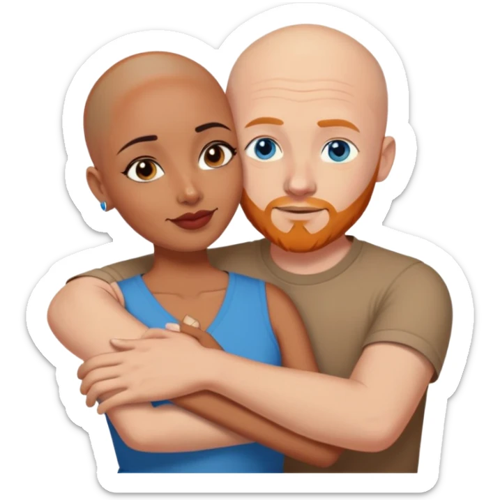 Bald white male with ginger beard and blue eyes hugging indian brown woman with short DARK black hair sticker
