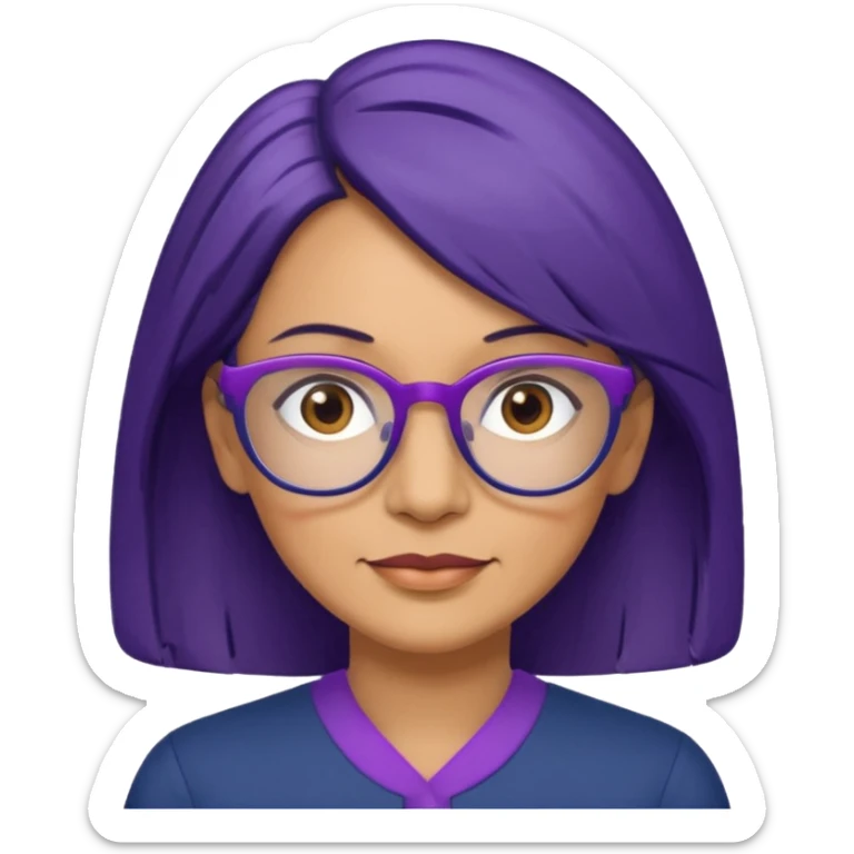 51-year-old woman. Navy blue shoulder-length hair. Purple wire-rimmed glasses. Brown eyes. sticker