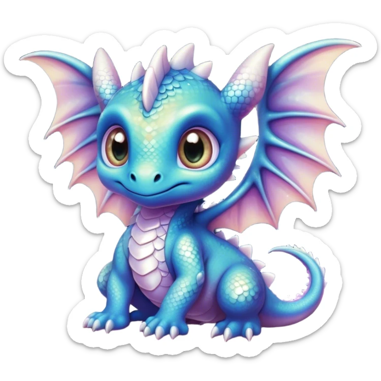 Airbrush painted image of an adorable little baby dragon with large glistening eyes under a deep galactic sky with pearlescent scales and wings spread against the stars sticker