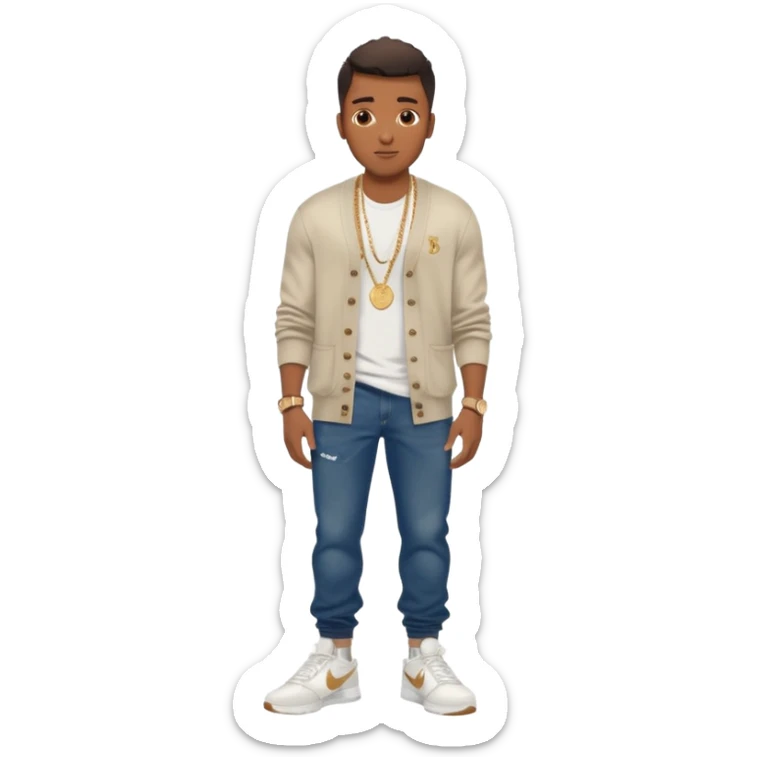 Handsome Black guy with brown skin tone, with muscular build, wearing long baggy dark denim jeans, a white t-shirt, a Burberry cardigan, white Nike sneakers, a gold watch, and a dainty chain sticker