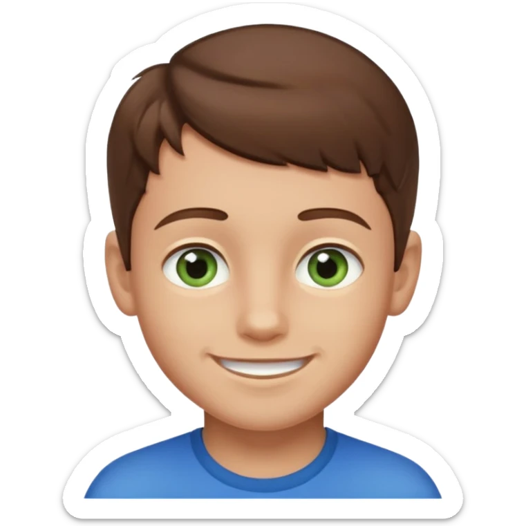 a young boy with brown hair, with a mix of blue and green eyes, a little bit of beard. smiling and light skin colour sticker