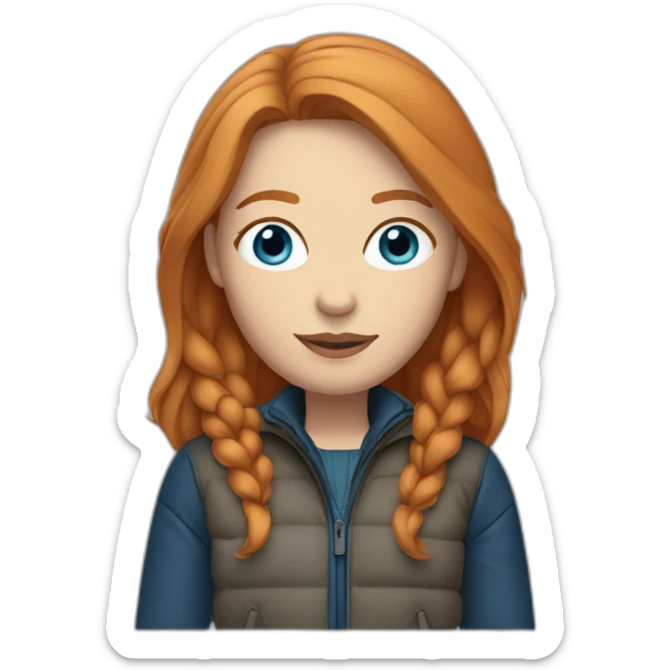 Straight ginger hair and blue eyes woman with a Canadian jacket sticker