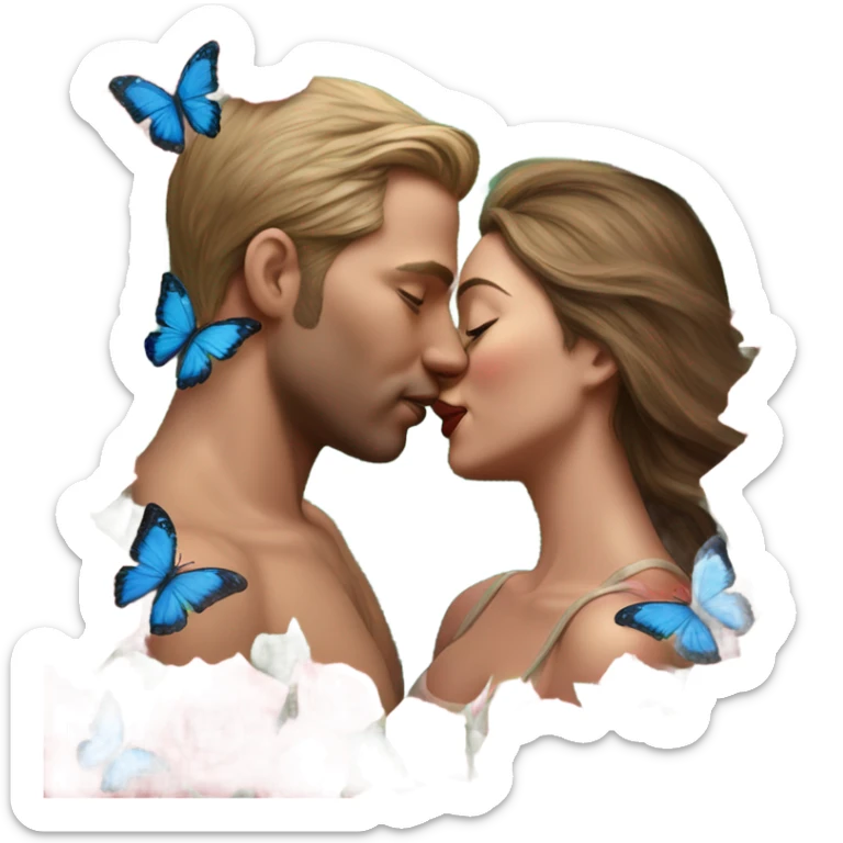 Hyper Realistic Couple kissing surrounded by roses and butterflies  sticker