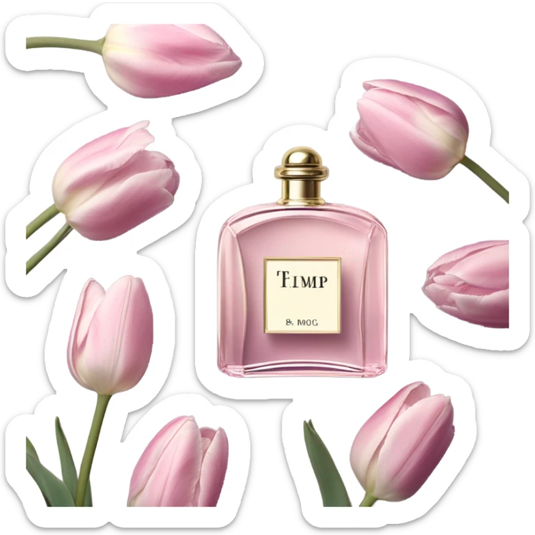Aesthetic arrangement of pastel pink tulips and a retro violet perfume bottle.
 sticker