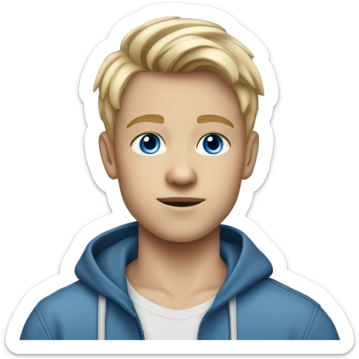 A white blonde 15 year old boy with blue eyes dressed in a jeans shirt and blue joggers sticker