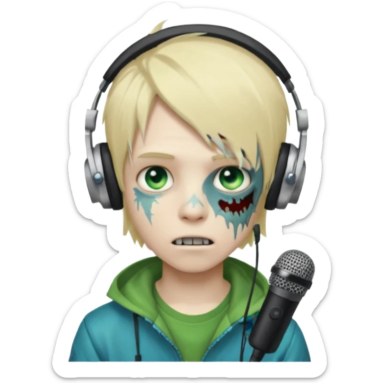 boy zombie whit blonde emo hair and eyes blue and green skin and heandphones and a microfone sticker