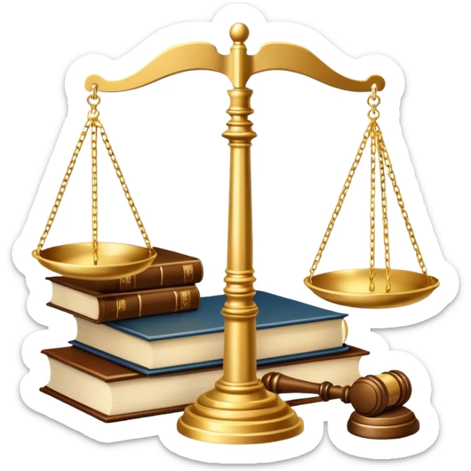 An icon featuring scales of justice, a gavel, and a legal book, symbolizing the study of law. The design includes courthouse pillars in the background, representing authority and legal systems. Transparent background highlights the principles of justice, order, and legal education. sticker