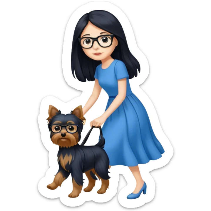 pale female with long black hair, wearing glasses and blue dress walking yorkie sticker
