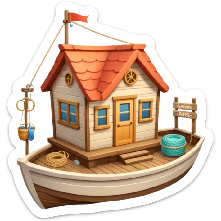 
cute fisherman house, small wooden seaside cabin, fishing nets, fishing boat sign, rope details, warm sunlight, coastal vibe, 3D cartoon, mobile game icon style, soft shadows, clean background, no text, no watermark
 sticker