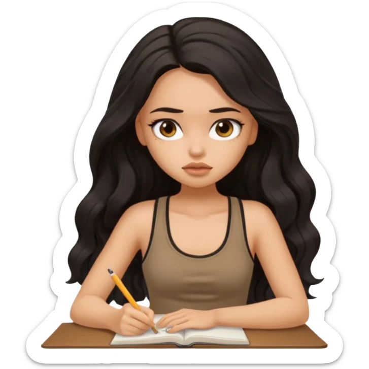 a pretty bratz light dusky girl with long wavy black hair in a brown tank top studying tired sticker