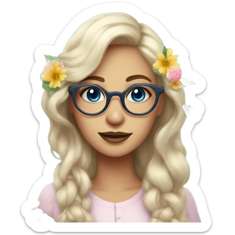 Gorgeous pastel lady with flowers and butterflies with blue eyes and glasses  sticker