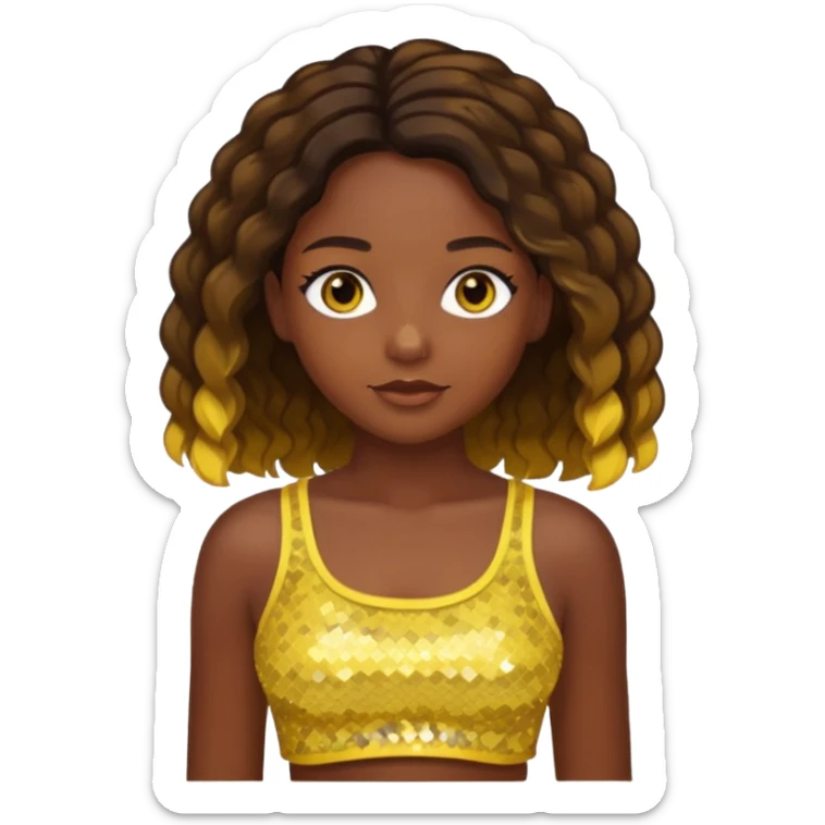 Sasha from Bratz with long light dark brown hair, dark skin, hazel eyes, yellow sequin crop top sticker
