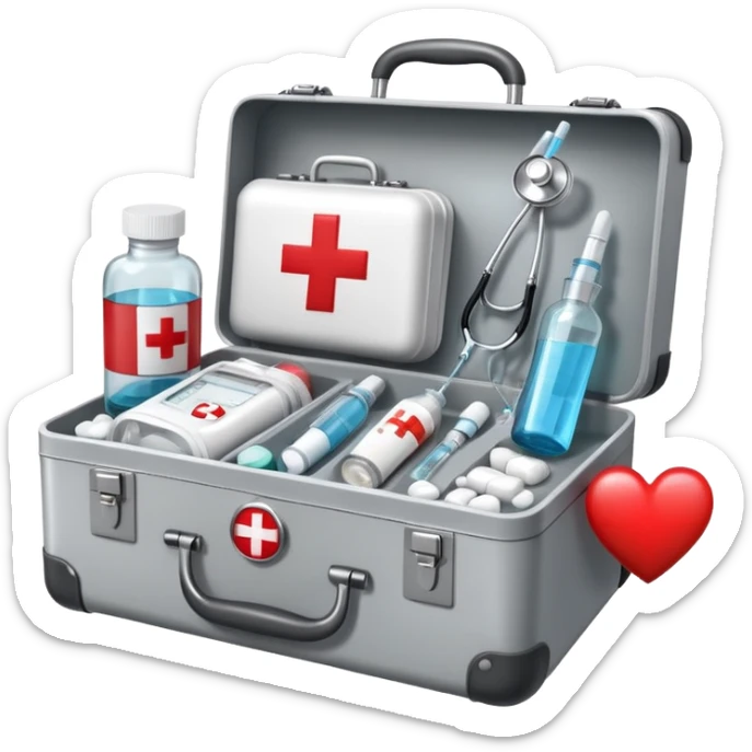 An icon featuring a medical suitcase with a red cross, a bottle of pills, a stethoscope, and a syringe, symbolizing medicine. The design includes a thermometer, bandages, and a heart monitor, representing healthcare and medical treatment. Transparent background highlights the science of healing. sticker
