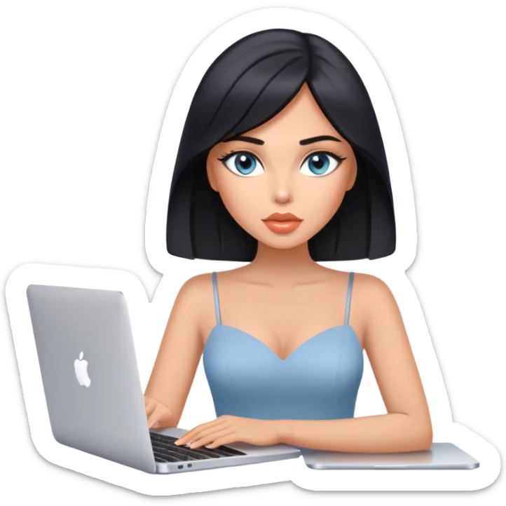 Glamours tanned very beautiful girl with pump peach nude lips and black straight smooth medium length hair, blue-grey eyes with MacBook sticker