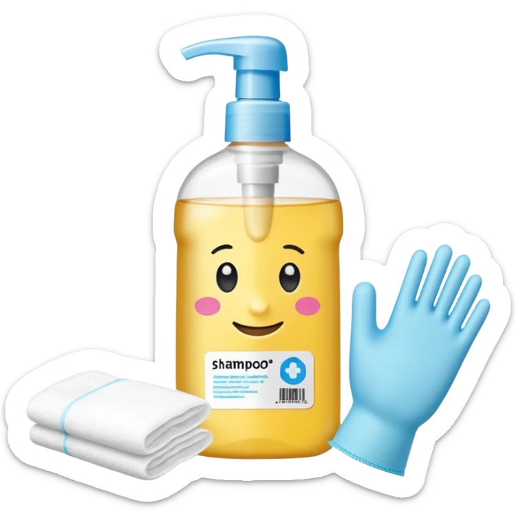 emoji of big (1L) bottle of shampoo, disposable gloves and cotton pads (for makeup) are standing on a table, products look like its always running out, add brand labels to them, make quantity bigger , and i want to see more disposable products, without faces sticker