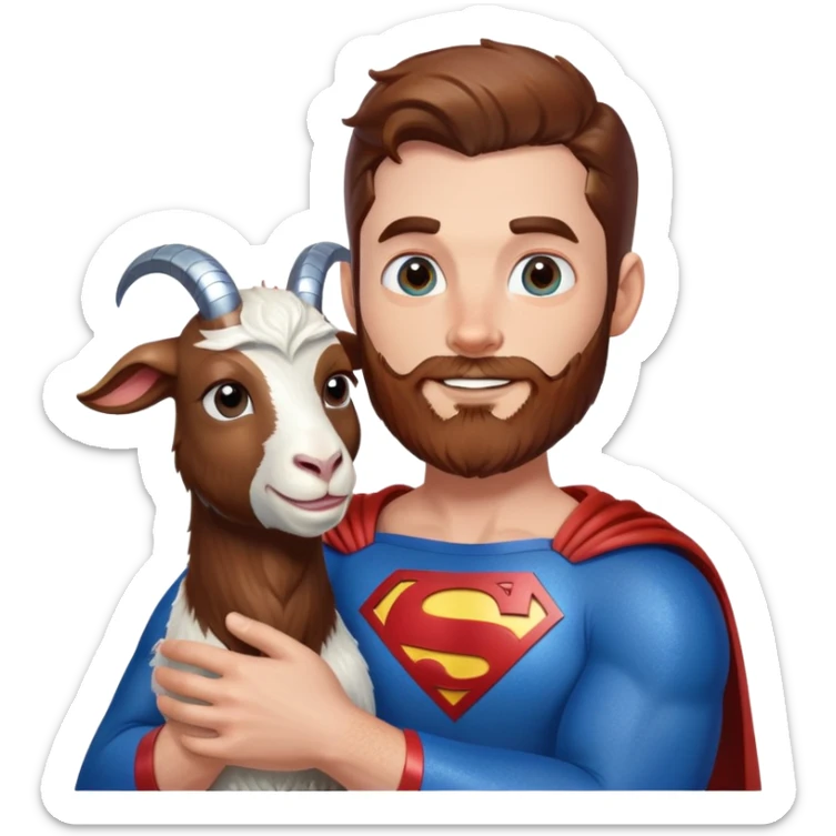 Adult Superman with redish brownish full beard with his arm around a glitter blue happy goat sticker