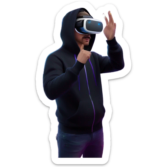 Russian man wearing a black hoodie with "OMG" letters on it and VR headset oculus quest 2 in a cyberpunk VR environment with violet neon lighting. Showing direction with hand sticker