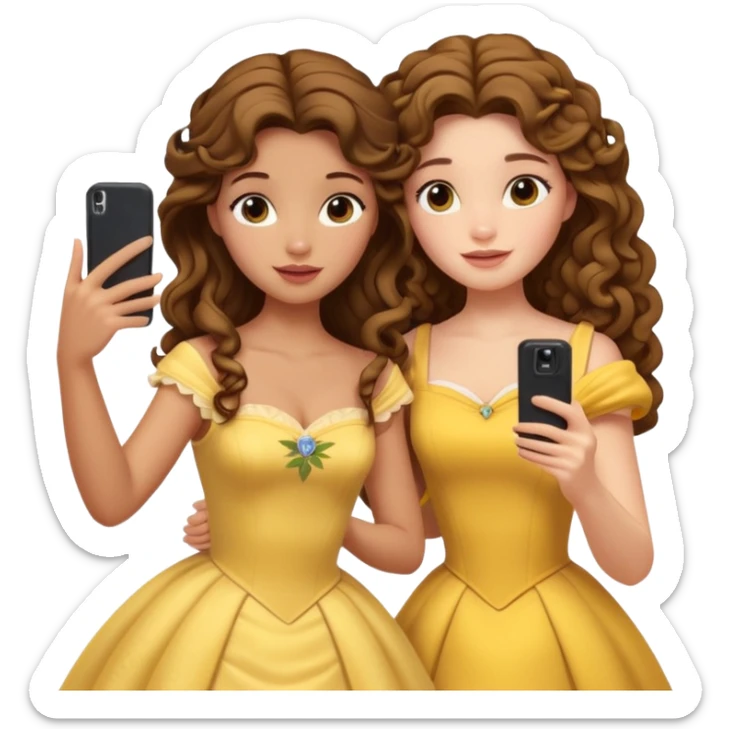 Haz un dos chicad una la princesa Bella de Disney y la otra uo con el pelo rizado largo haciendose un selfie como si et UVI ETB en el perquè de isney sticker