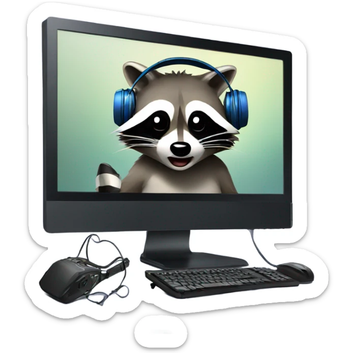 raccoon crying in front of a monitor and pc with gaming headset on sticker