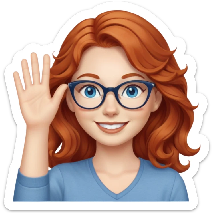redheaded woman with long wavy hair, blue eyes, cat-eye glasses, casual outfit, smiling, waving sticker