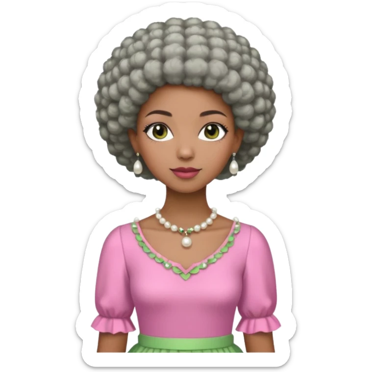 Brown woman with very short stylish gray Afro  wearing pink and green dress  and pearl blouse with sleeves sticker