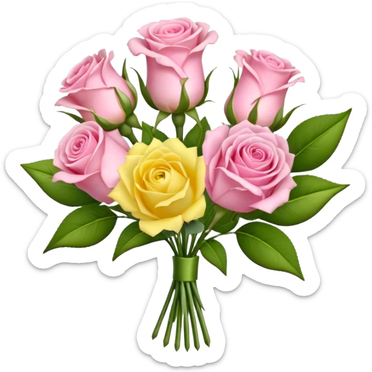 A mixed bouquet of four flowers, featuring pink roses and yellow lisianthus. sticker