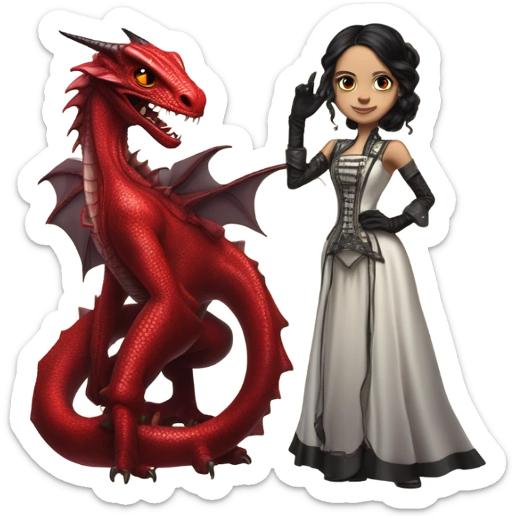 Lavish Victorian evening gown with gloves, Jenna Ortega as Addams girl Jedi wearing a steampunk mini tiara, standing next to a very large blood red evil-looking horned dragon sticker