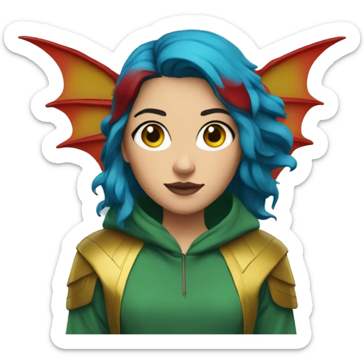 Lady with brunette and blue hair, gold, green dragon wings, maroon hoodie, black and gold Nike t shirt, and bright red eyes sticker