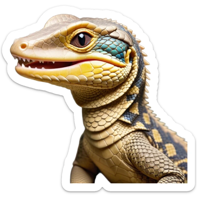 Cinematic Cute Yawning Monitor Lizard Portrait Emoji, Head tilted slightly with a dramatic, wide-open yawn, showcasing textured, patterned scales and sleepy, half-closed eyes exuding relaxed charm, Simplified yet irresistibly adorable features, highly detailed, glowing with a soft, cozy glow, high shine, relaxed yet expressive, stylized with a dash of whimsical wildness, soft glowing outline, capturing the essence of a drowsy yet affectionate reptile that appears ready to stretch out for a nap! sticker