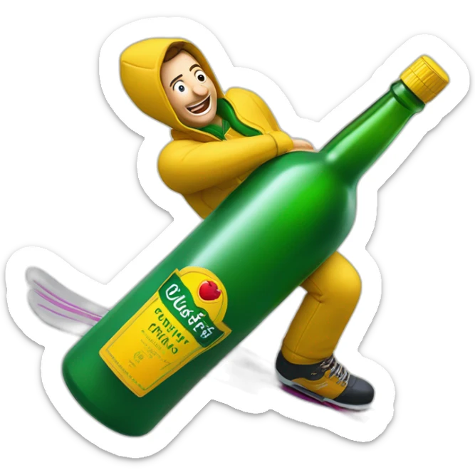 Man ski grinding over a giant green bottle of buckfast tonic wine with yellow label sticker