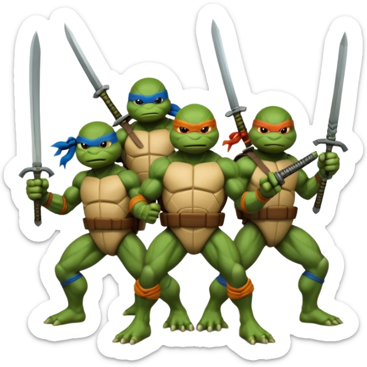 Give me a picture of 4 teenage mutant ninja turtles. Make them hold a fighting pose. sticker