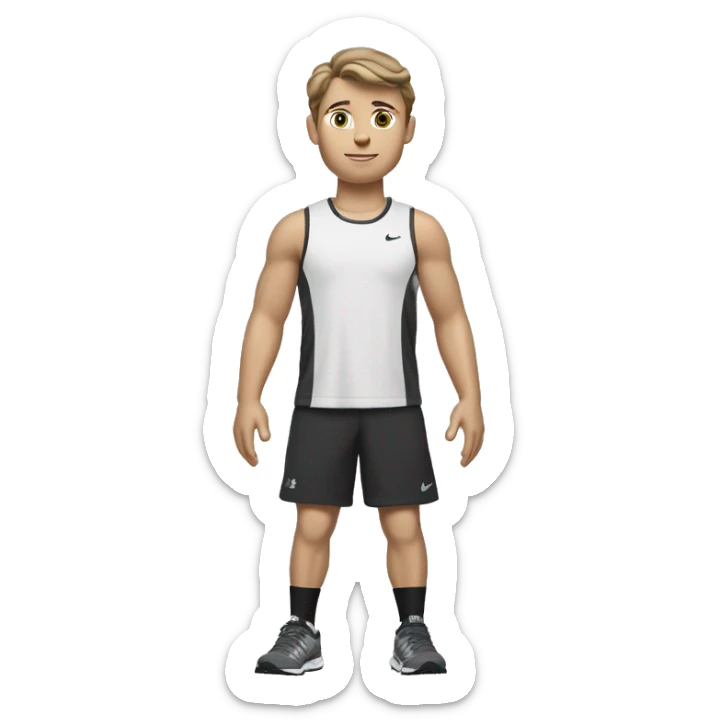 A very little tanned white boy with brown hair, short and a little wavy, with New Balance 1906R Grey, white Nike socks, a black Nike running jogging and a black Under Armour t-shirt. sticker