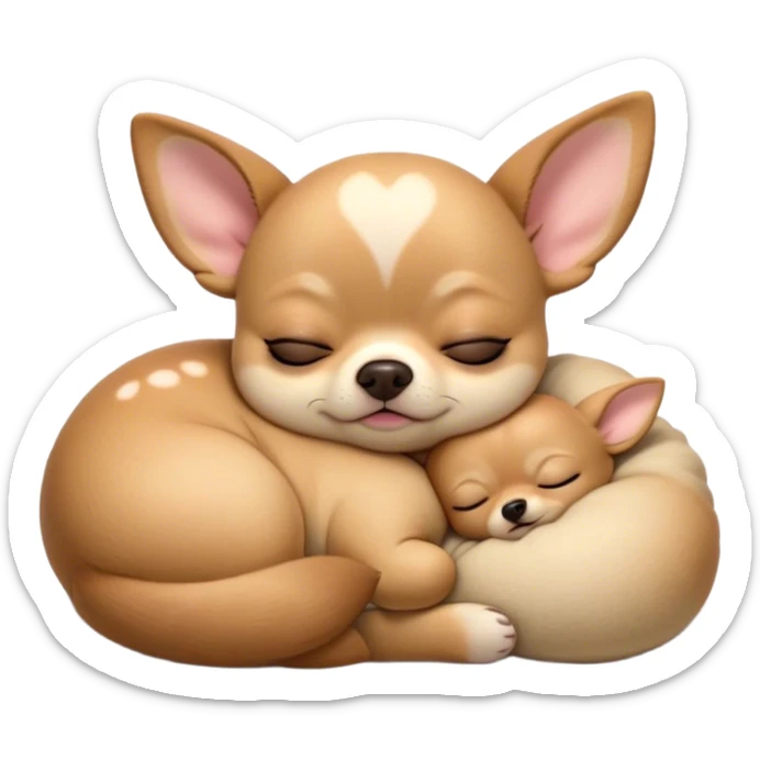 Cinematic Chubby Sleeping Fawn Chihuahua Portrait Emoji, Chubby and serene, with a petite, adorable build and a smooth fawn coat, eyes gently closed in peaceful slumber, Simplified yet irresistibly endearing features, highly detailed, glowing with a gentle, dreamy glow, high shine, relaxed and content, stylized with a touch of whimsy, bright and heartwarming, soft glowing outline, capturing the essence of a blissfully sleepy companion, so comically serene it feels like it could roll out of the screen and snore with adorable charm! sticker