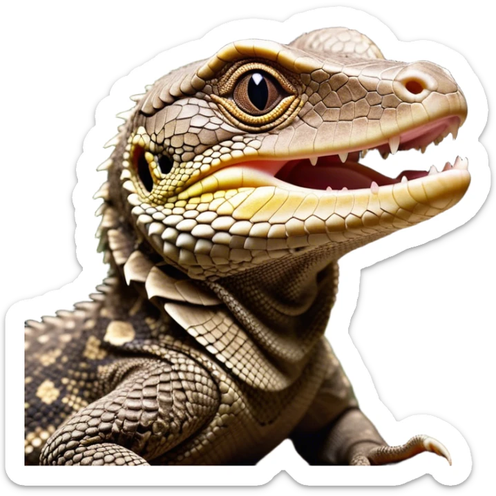 Cinematic Cute Yawning brown camo spotted monitor Lizard Portrait Emoji, Head tilted slightly with a dramatic, wide-open yawn, showcasing textured, patterned scales and sleepy, half-closed eyes exuding relaxed charm, Simplified yet irresistibly adorable features, highly detailed, glowing with a soft, cozy glow, high shine, relaxed yet expressive, stylized with a dash of whimsical wildness, soft glowing outline, capturing the essence of a drowsy yet affectionate reptile that appears ready to stretch out for a nap! sticker