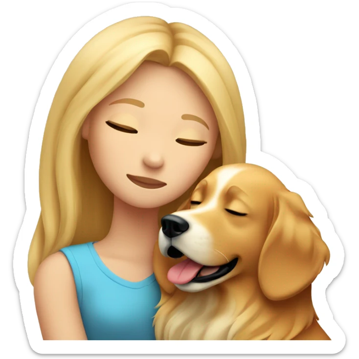 Blonde-girl-long hair- eyes closed- hugging a  red golden retriever dog sticker